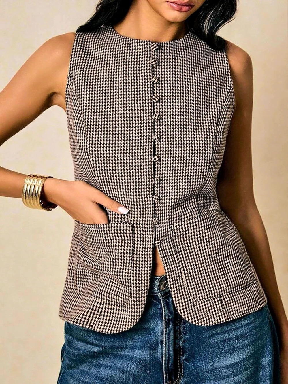 SHEIN Brown Houndstooth Tailored Vest 0XL